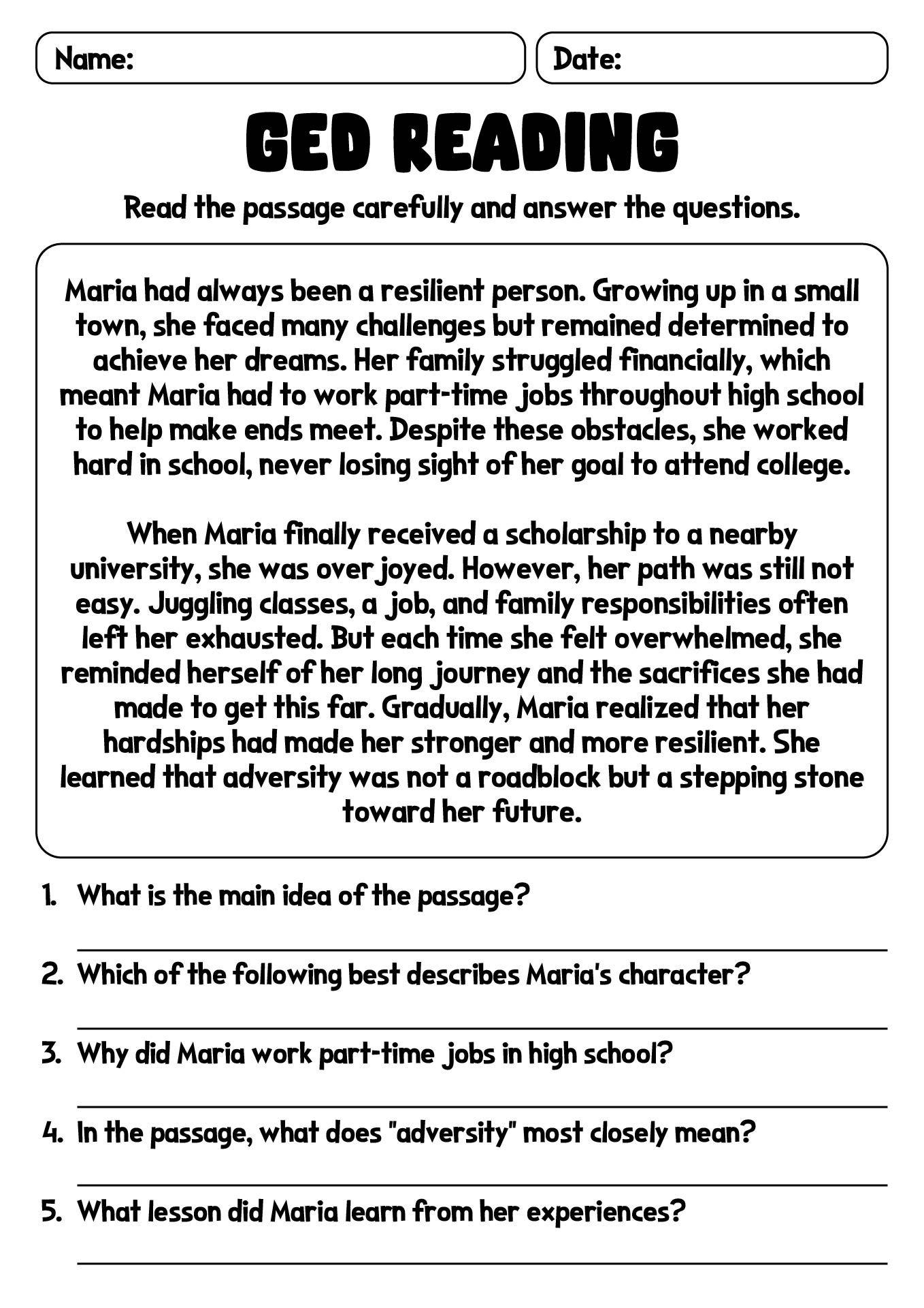 Ged Practice Reading Comprehension Worksheets