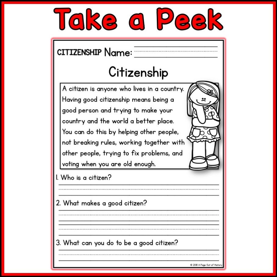 1st 2nd Grade Reading Comprehension Citizenship Passages Questions Classroom Homeschool No Prep Printable Standards aligned Etsy
