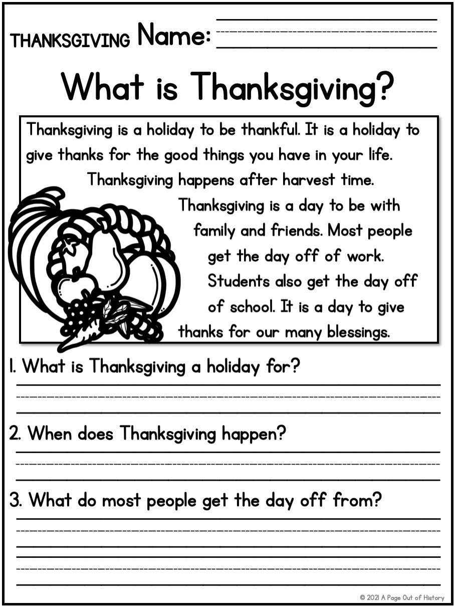 Canadian Thanksgiving Reading Comprehension Worksheets