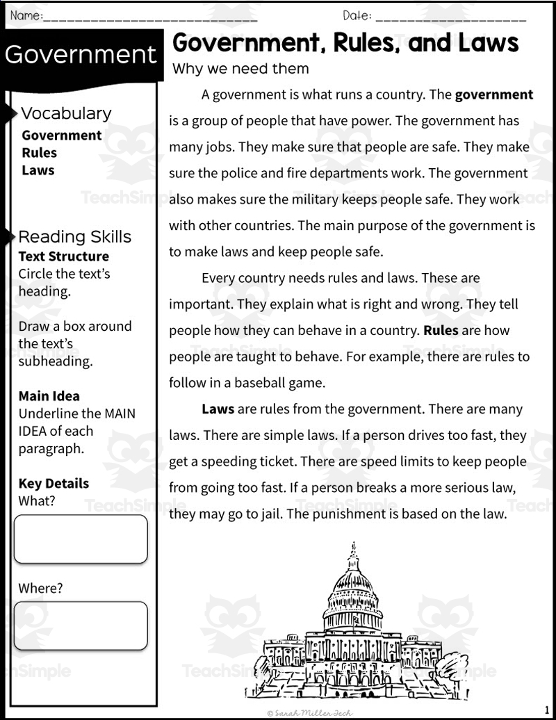 2nd Grade Reading Packet Government Rules And Laws By Teach Simple