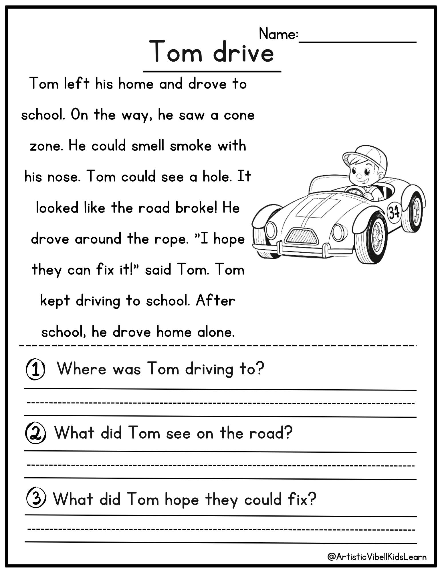 Car Reading Comprehension Worksheets Kids