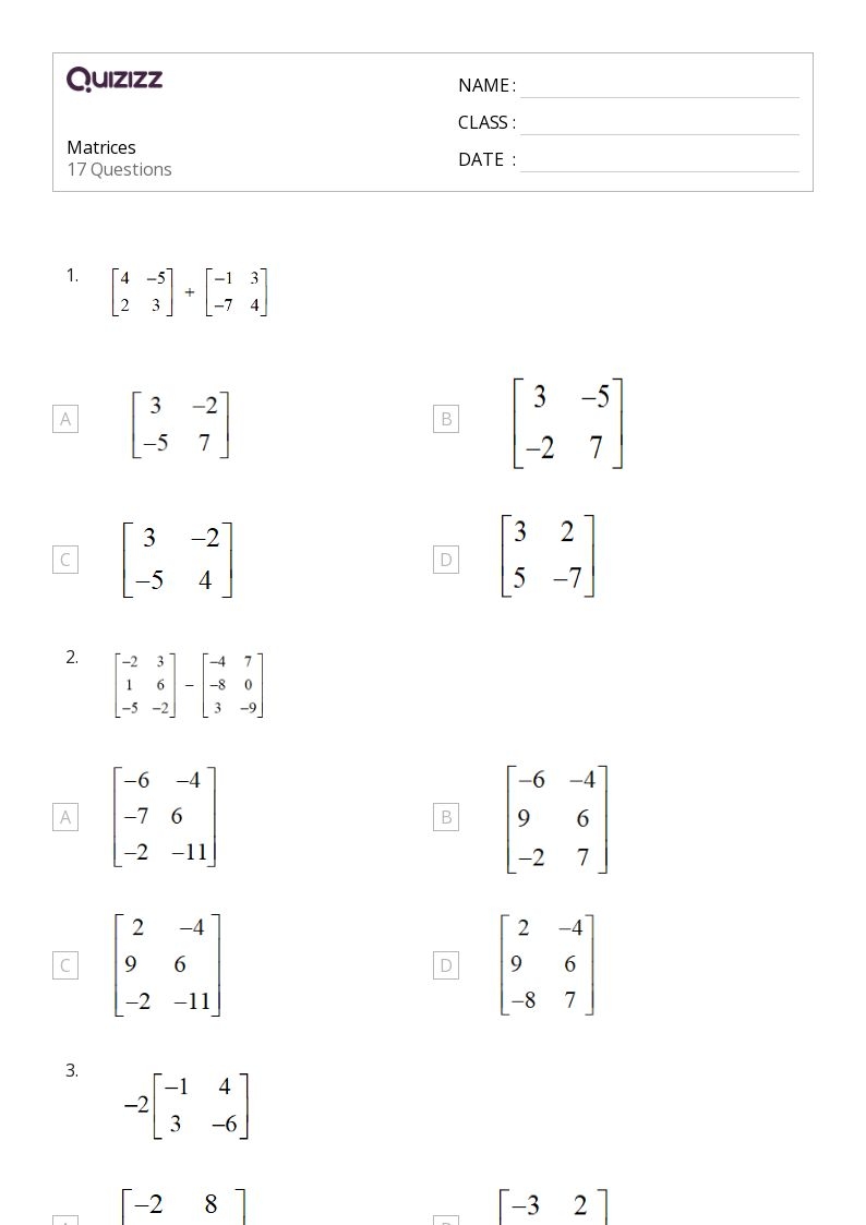 50 Matrices Worksheets For 10th Grade On Quizizz Free Printable Worksheets Library