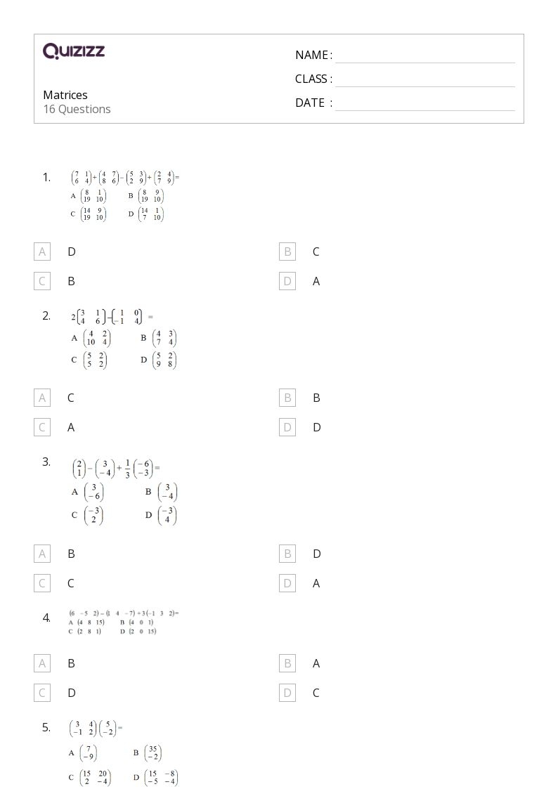 Free Printable Matrices Worksheets
