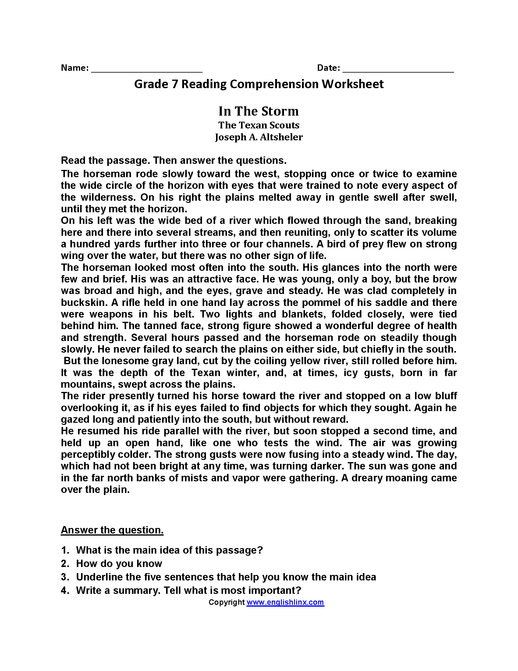 Fun 7Th Grade Reading Comprehension Worksheets