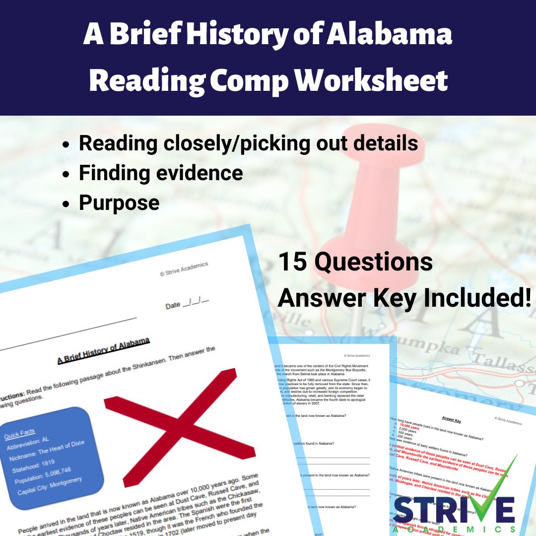 A Brief History Of Alabama Reading Comprehension And History Worksheet Payhip