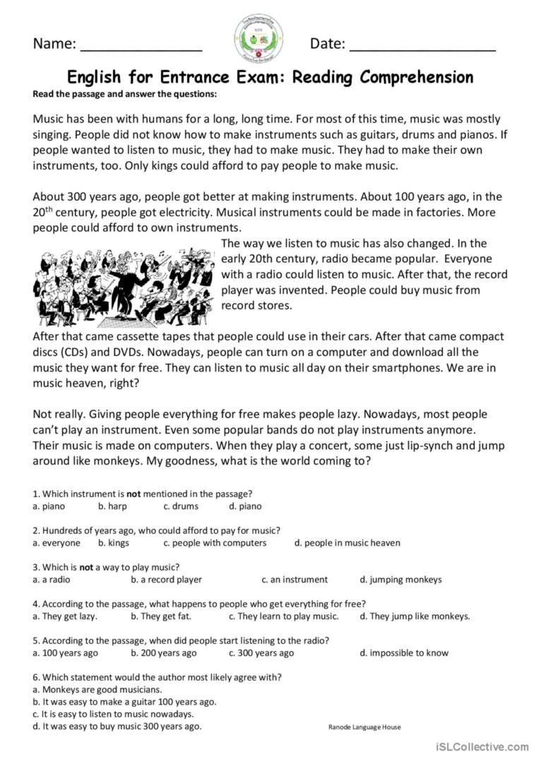 Aspects Of Music Reading Comprehension Worksheet