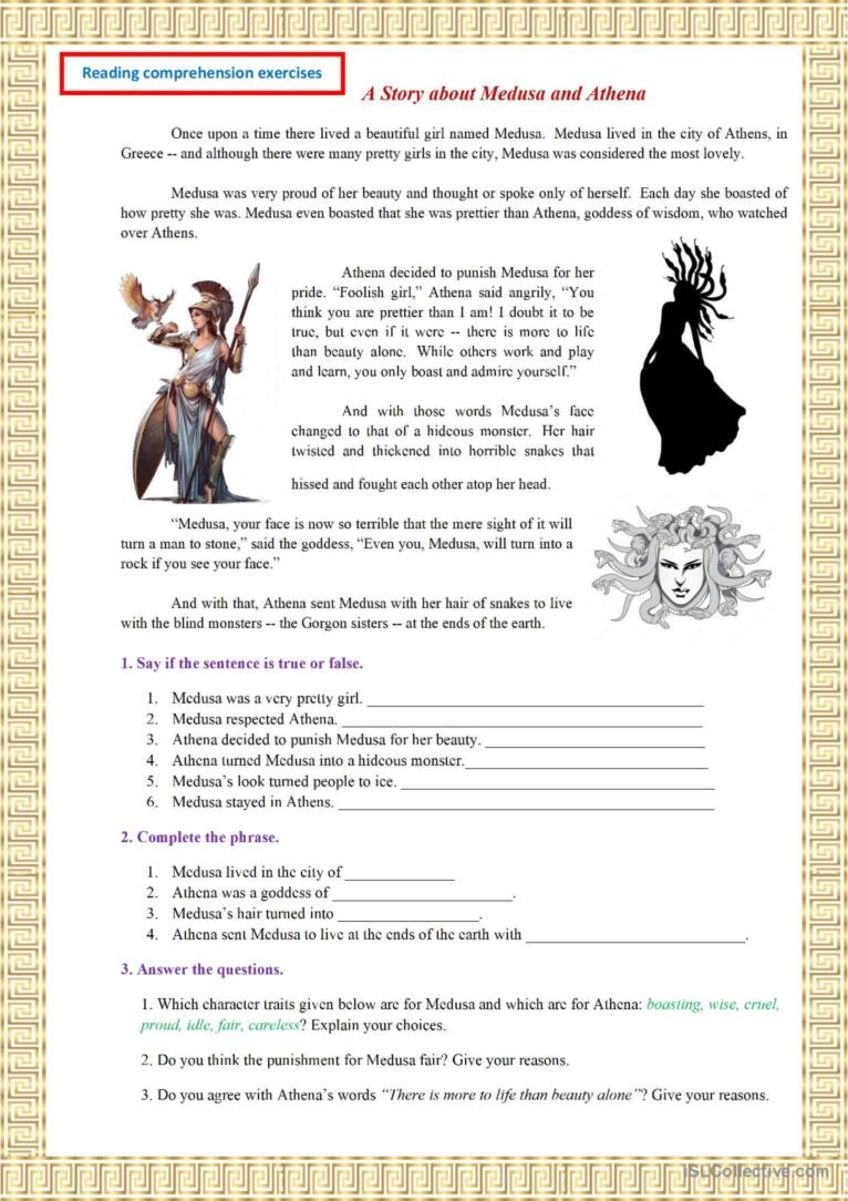 A Story About Medusa And Athena Read English ESL Worksheets Pdf Doc