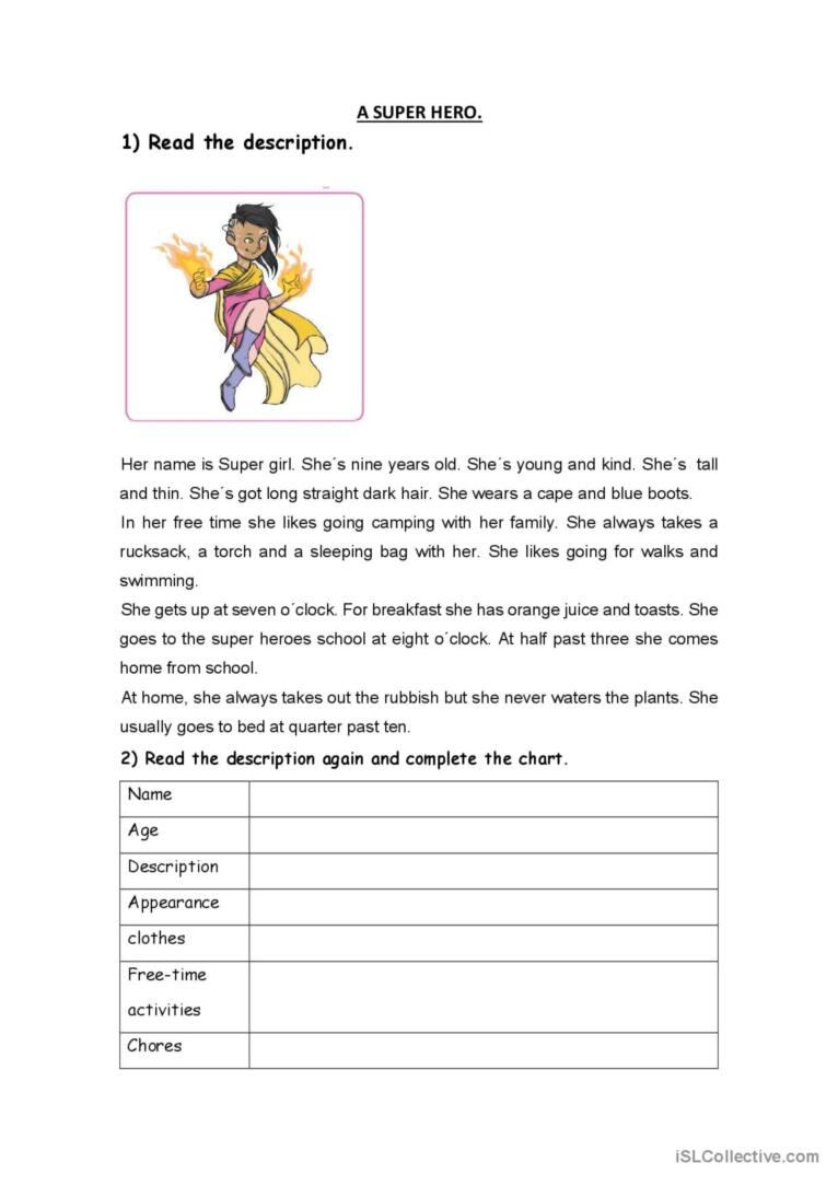 A Super Hero Description reading T English ESL Worksheets Pdf Doc