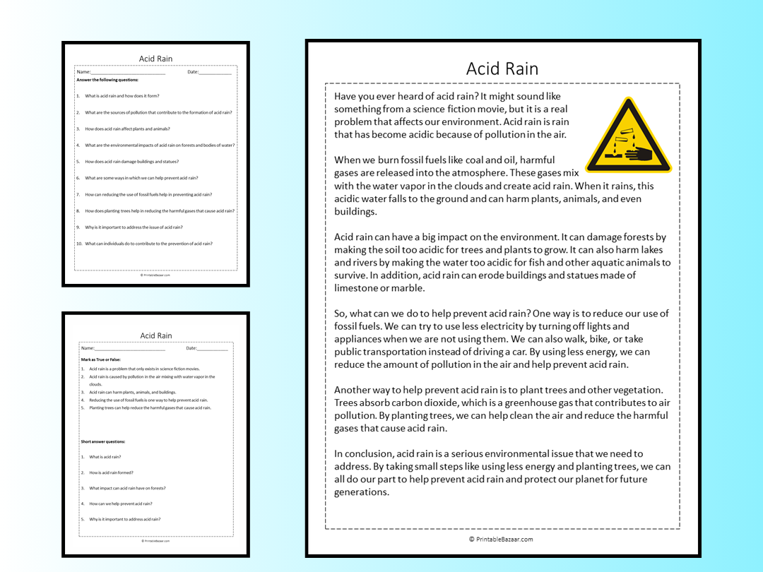 Acid Rain Reading Comprehension Passage Printable Worksheet Teaching Resources
