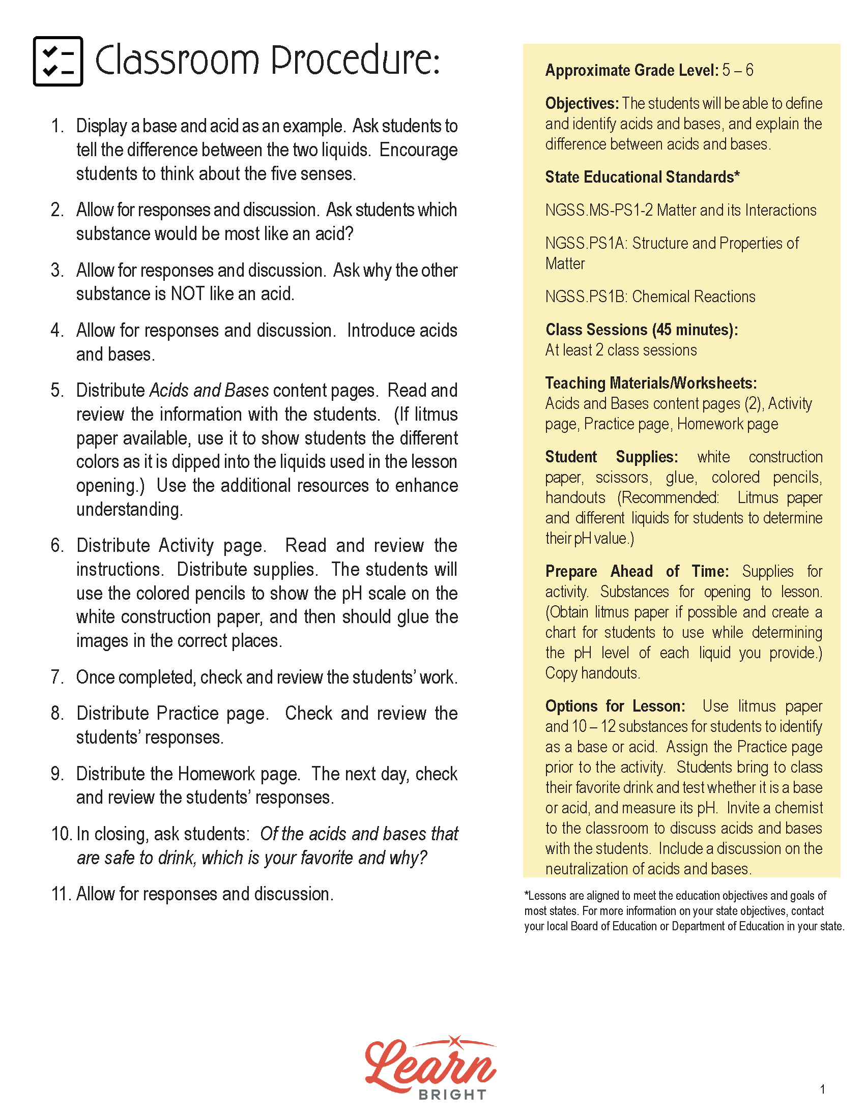 Acids And Bases Reading Comprehension Worksheets