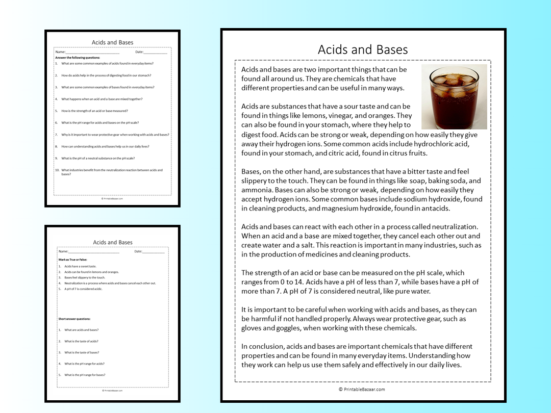 Acids And Bases Reading Comprehension Passage Printable Worksheet Teaching Resources