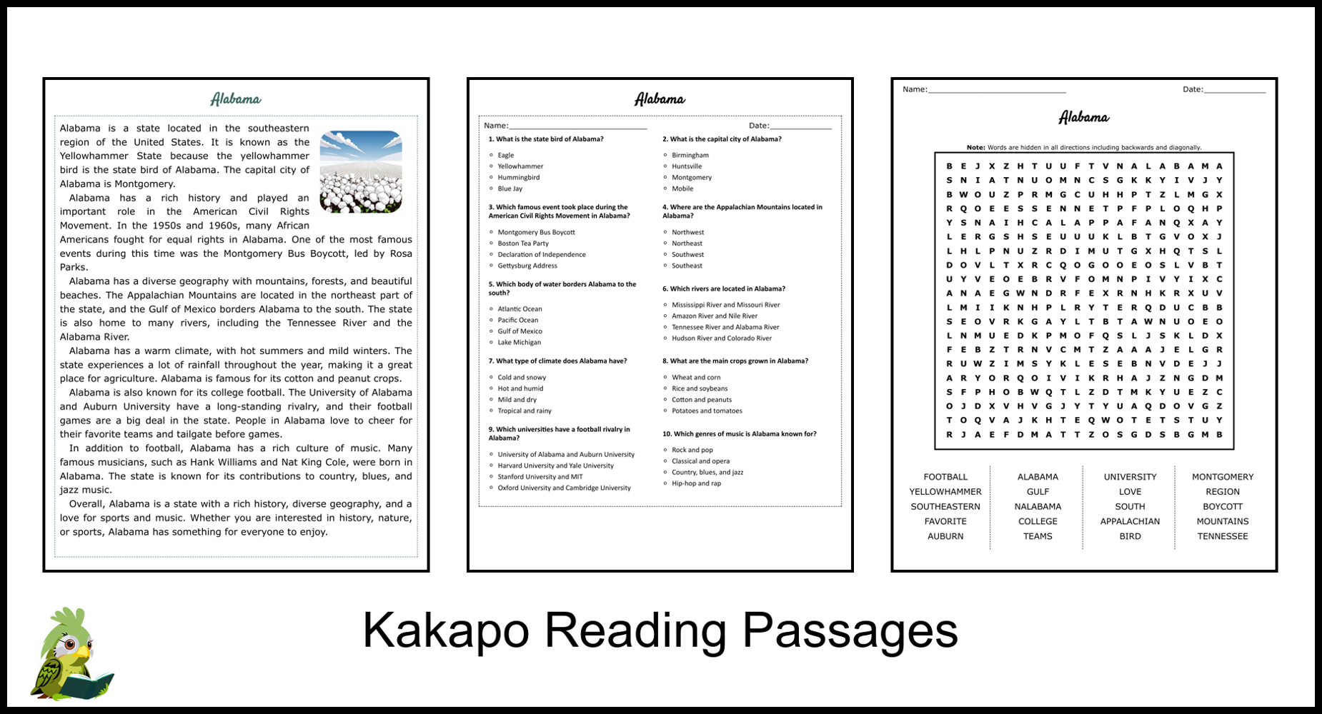 Alabama Reading Comprehension And Word Search Teaching Resources