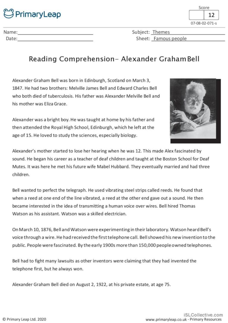 Alexander Graham Bell Reading Compre English ESL Worksheets Pdf Doc