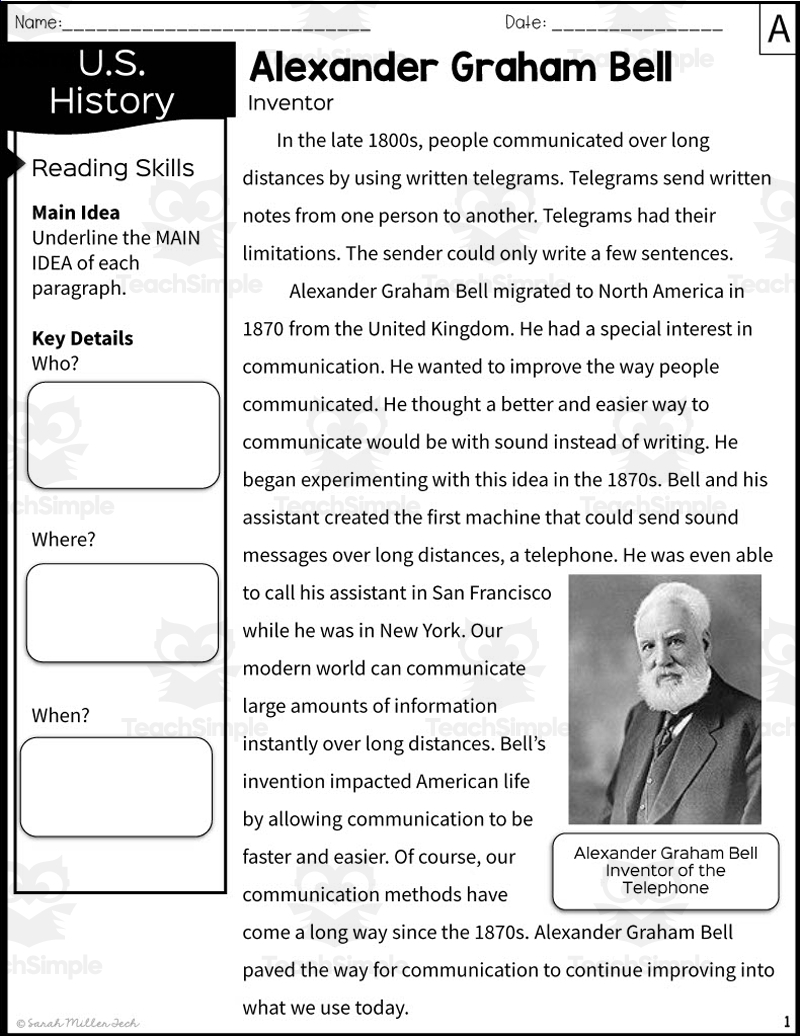 Alexander Graham Bell Reading Comprehension Worksheets