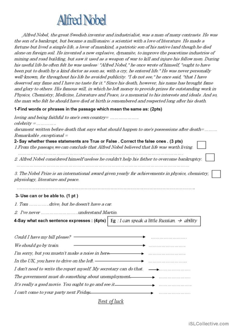 Alfred Nobel Reading For Detail dee English ESL Worksheets Pdf Doc