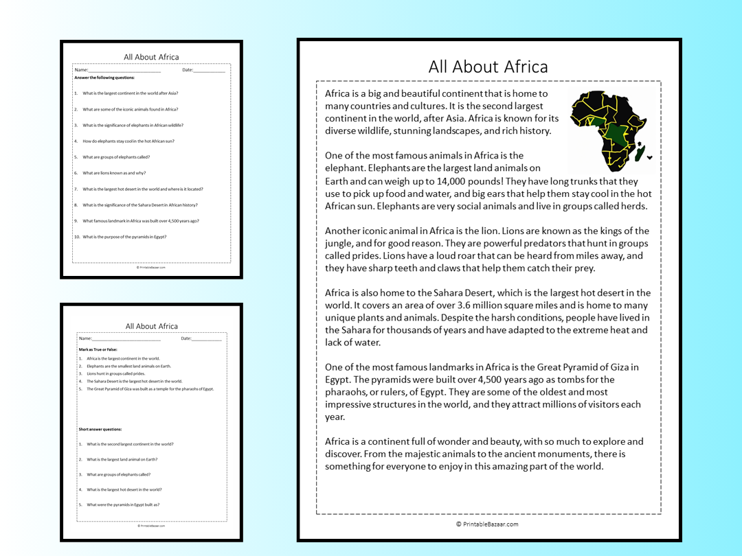 All About Africa Reading Comprehension Passage Printable Worksheet Teaching Resources