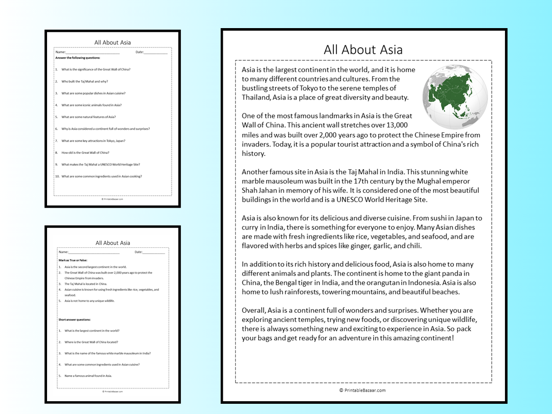 All About Asia Reading Comprehension Passage Printable Worksheet Teaching Resources