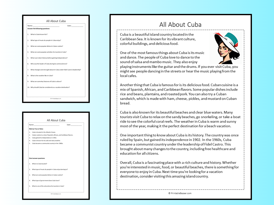 All About Cuba Reading Comprehension Passage Printable Worksheet Teaching Resources