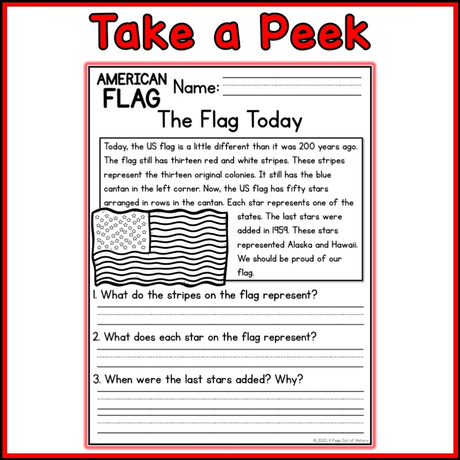 American Flag Social Studies Reading Comprehension Passages K 2 Classful