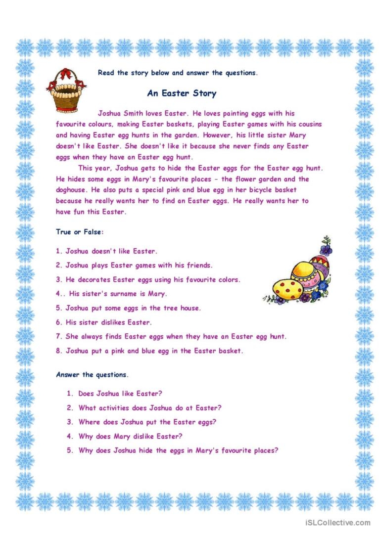 Esl Easter Reading Comprehension Worksheets
