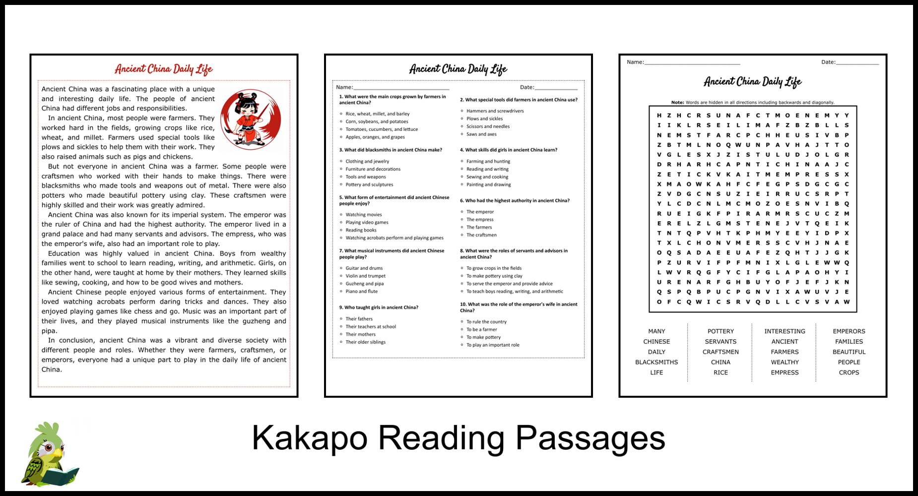 Ancient China Daily Life Reading Comprehension And Word Search Teaching Resources