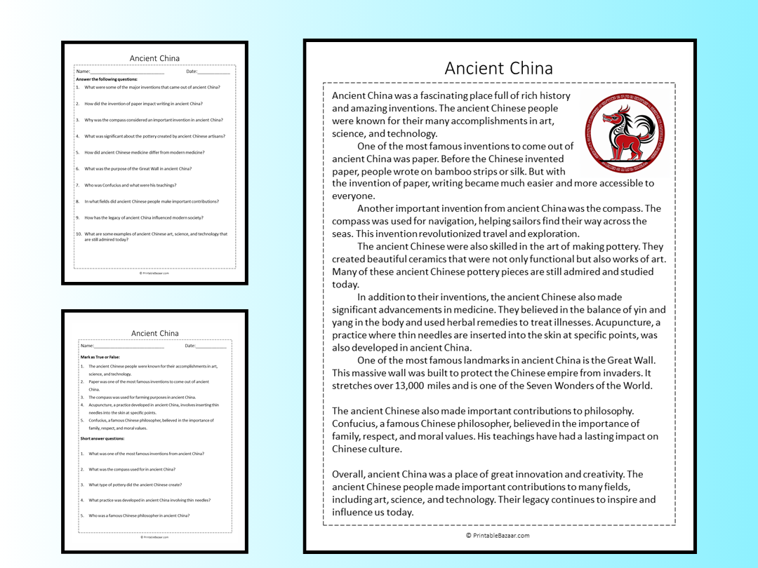 Ancient China Reading Comprehension Passage Printable Worksheet Teaching Resources