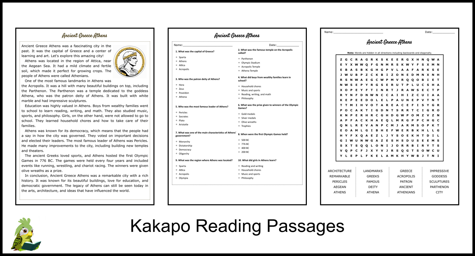 Ancient Greece Reading Comprehension Worksheet