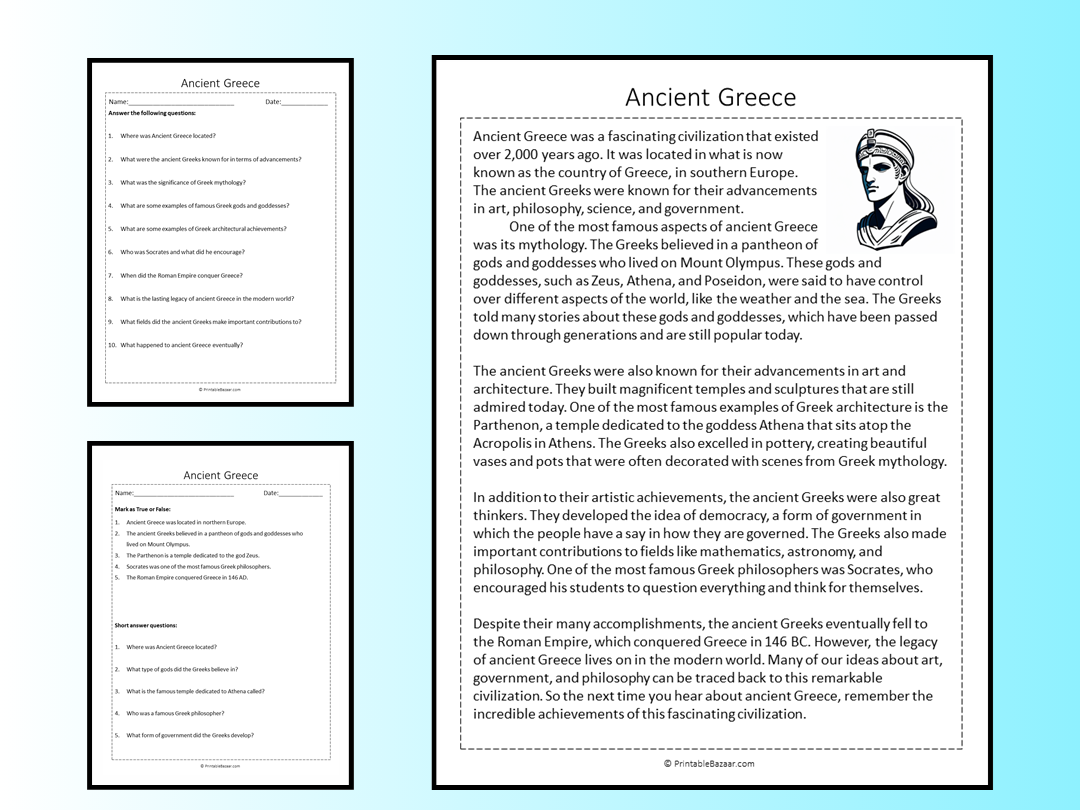 Ancient Greece Reading Comprehension Passage Printable Worksheet Teaching Resources