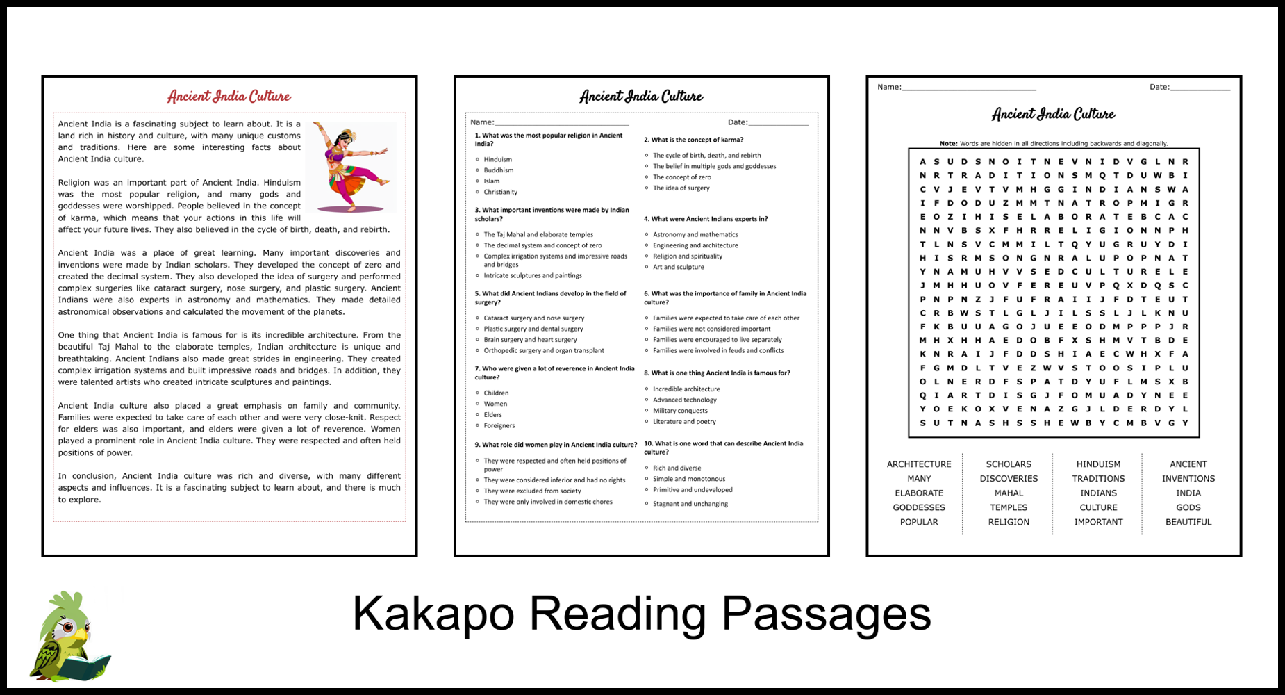 Ancient India Culture Reading Comprehension And Word Search Teaching Resources