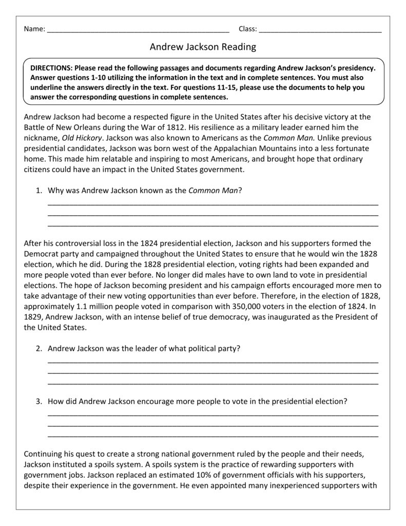 Andrew Jackson Presidency Reading Comprehension Worksheet