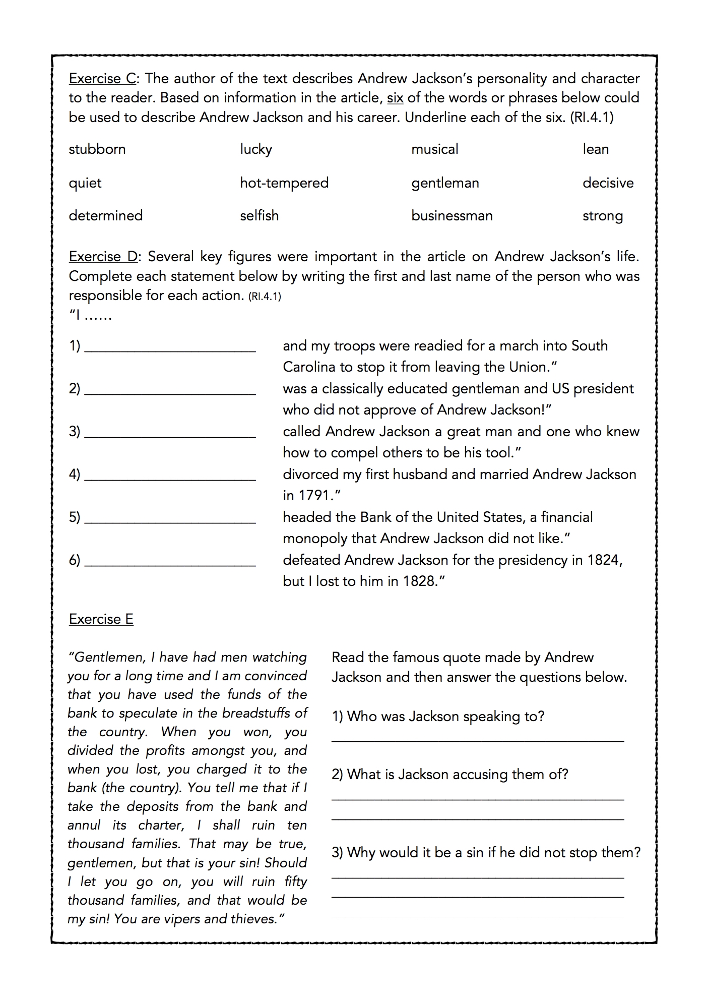 Andrew Jackson Reading Comprehension Worksheet Answers