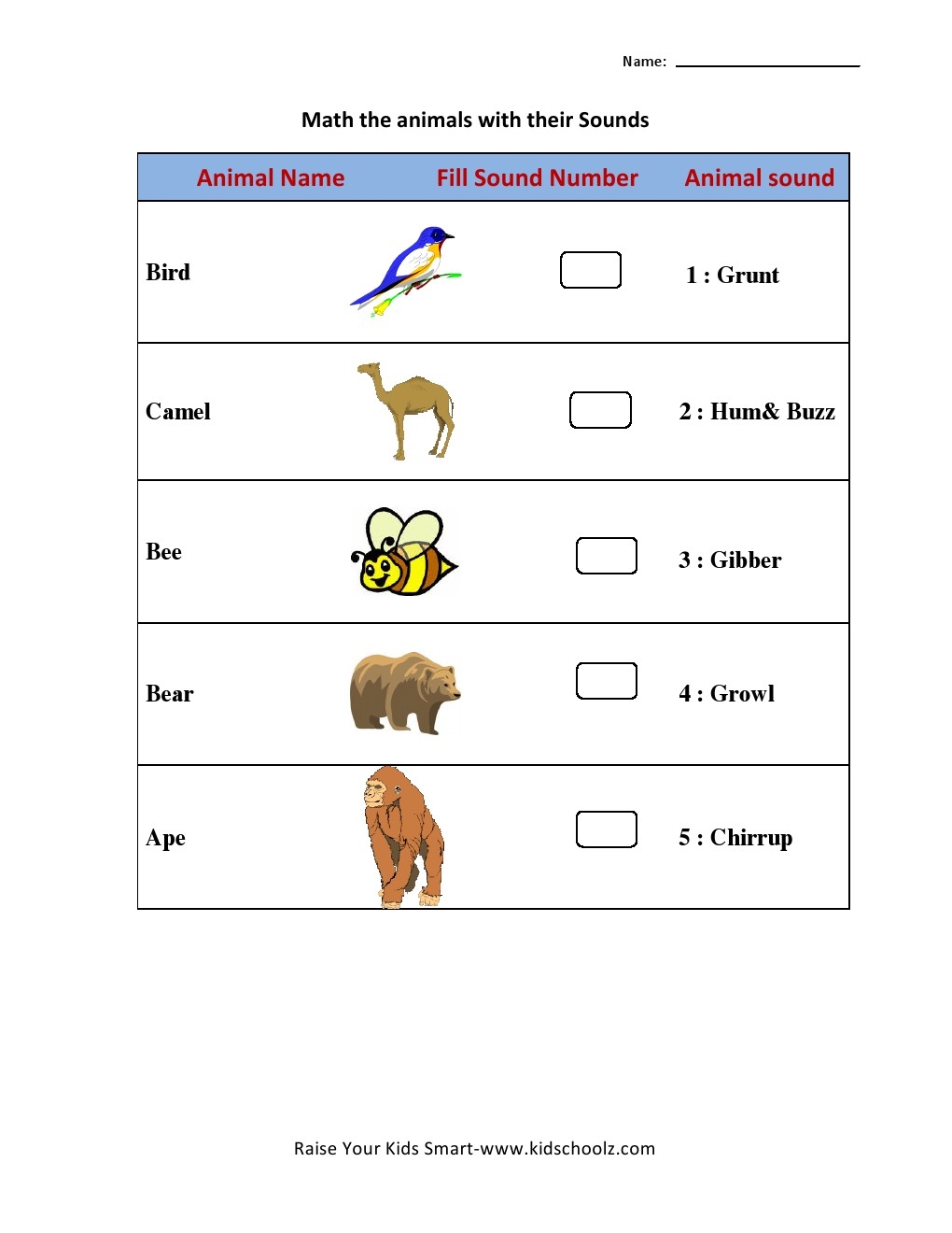 Animal Name Fill Sound Number Animal Sound Animal Sound