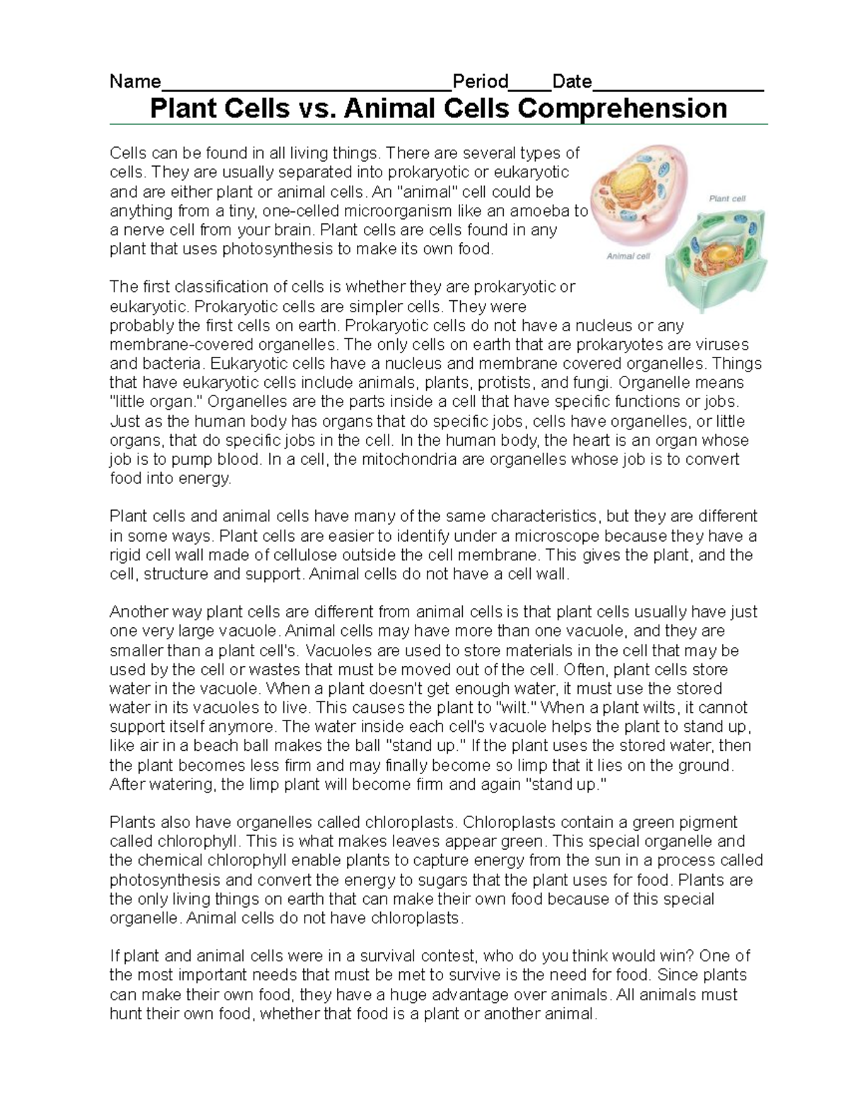 Animal Vs Plant Cells Reading Assignment Studocu