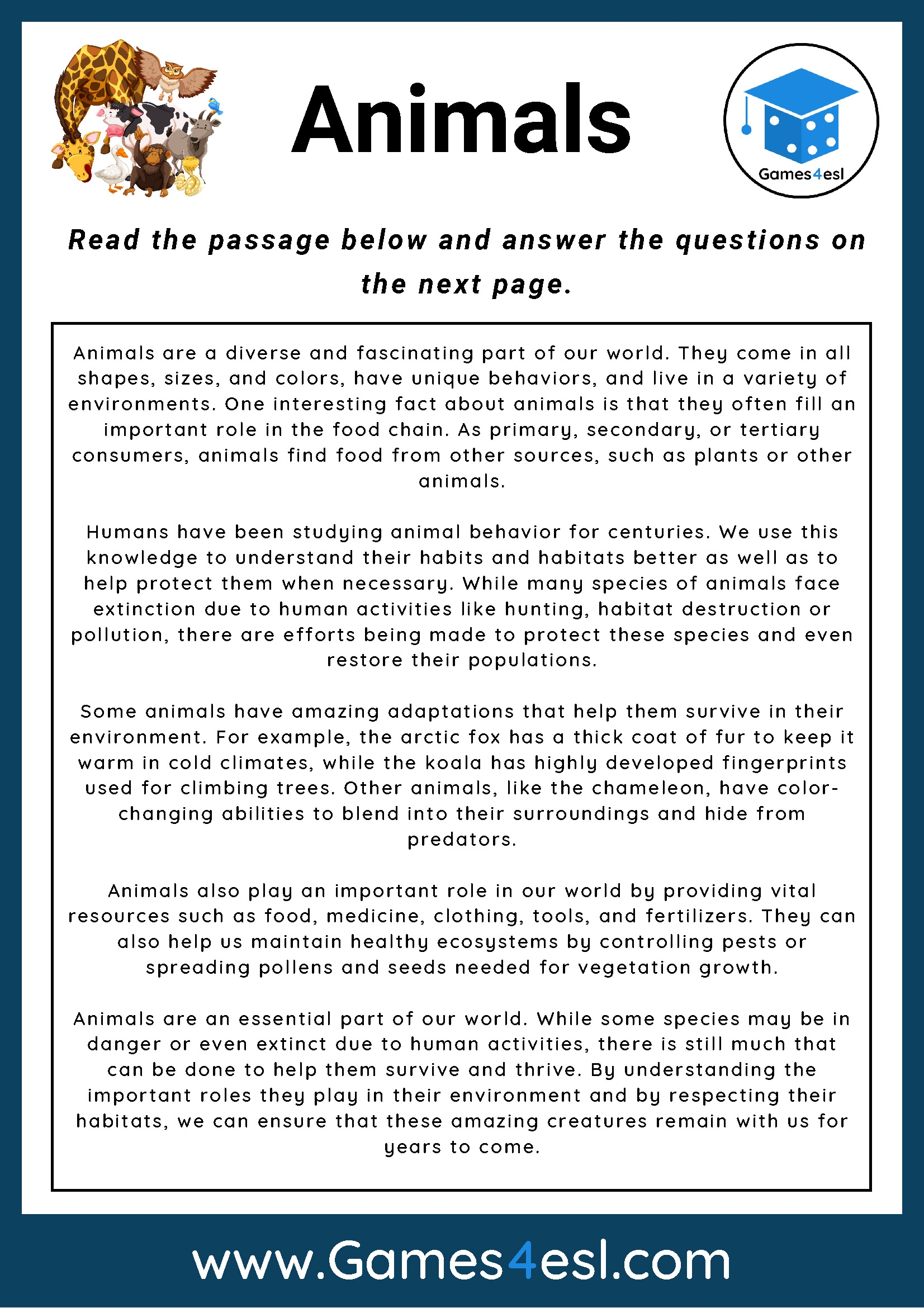 Animals Reading Comprehension Worksheet Games4esl