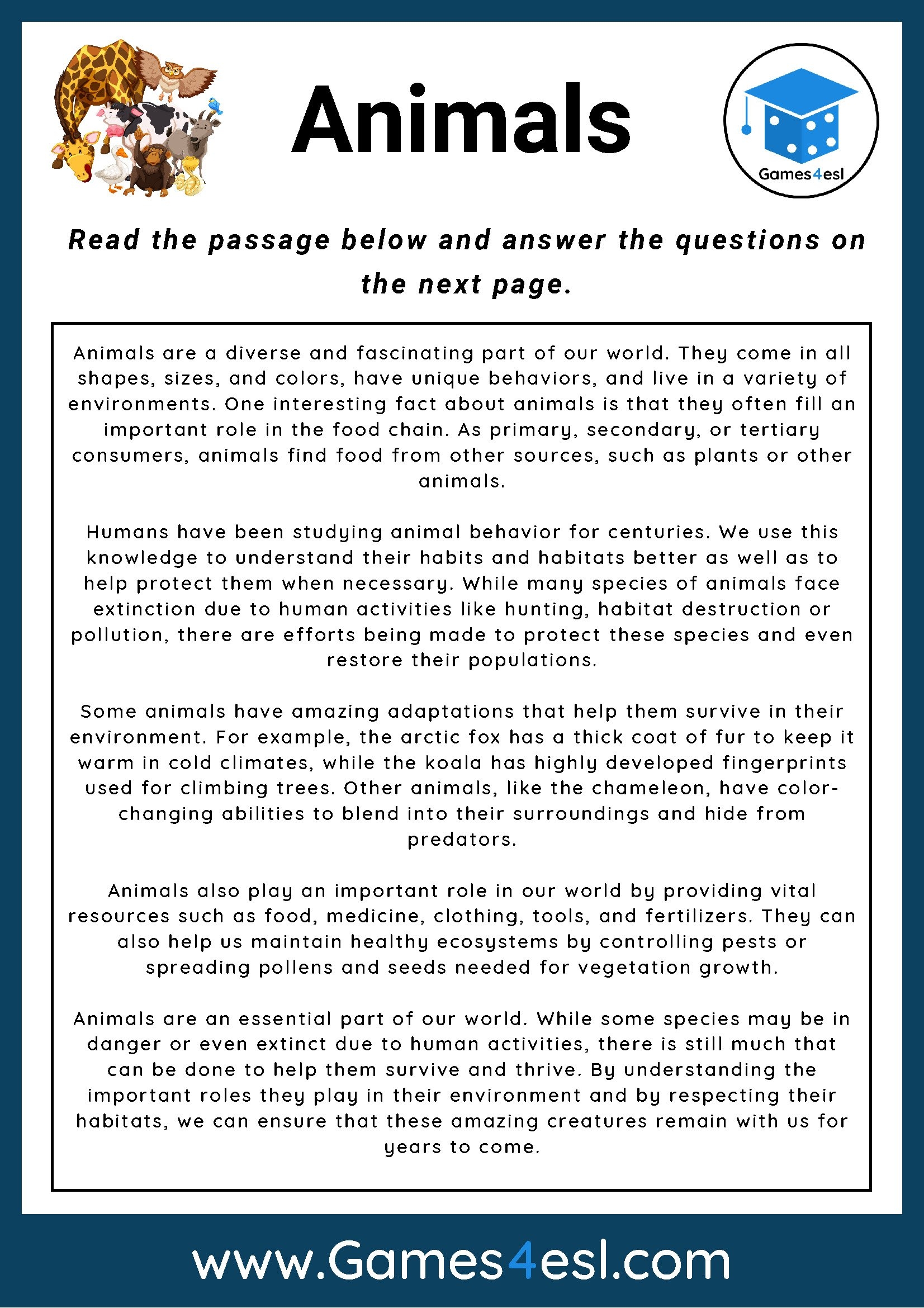 Animals Reading Comprehension Worksheet Games4esl