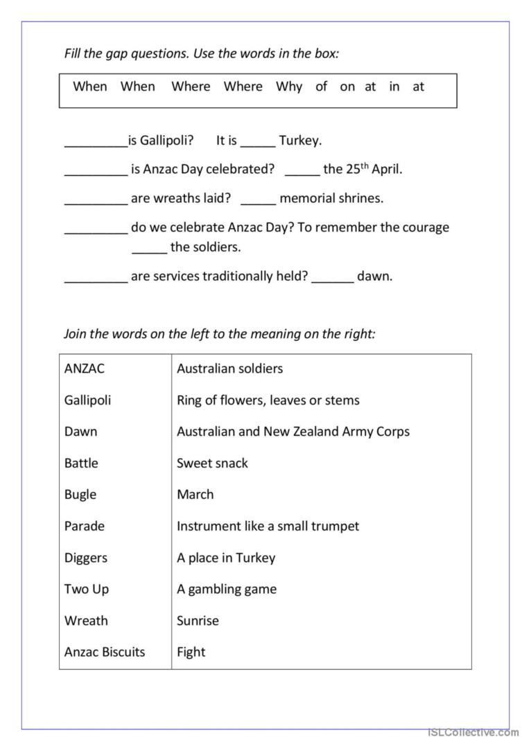 Anzac Day Reading For Detail dee English ESL Worksheets Pdf Doc