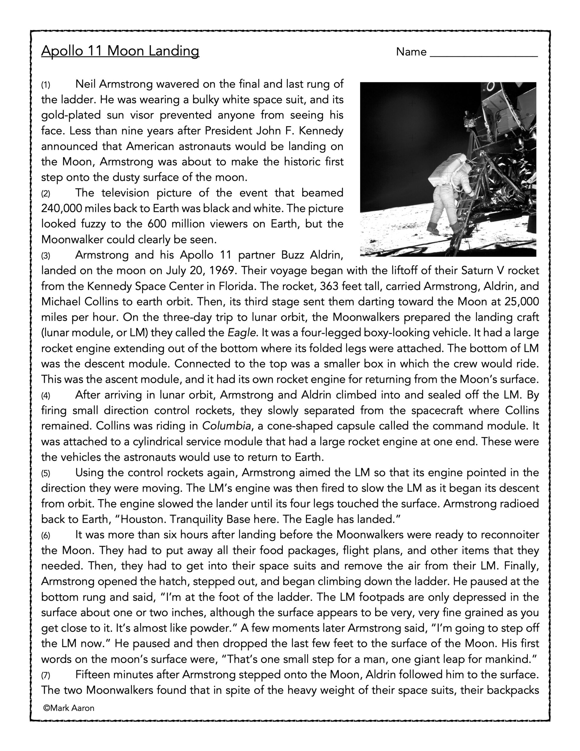 Apollo 11 Moon Landing Reading Comprehension Passage And Assessment Classful