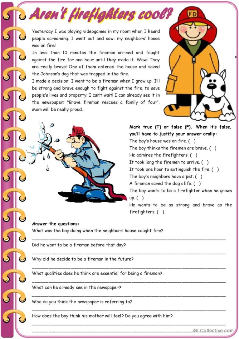 Firefighters Reading Comprehension Worksheets