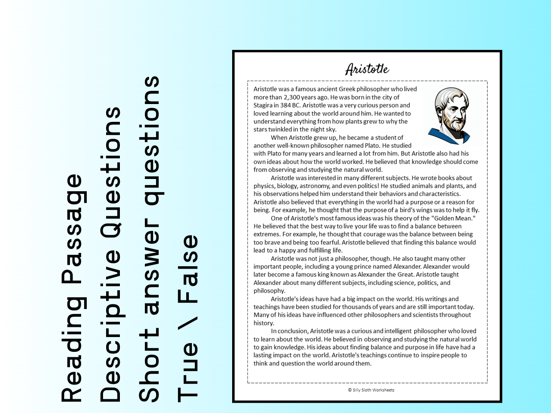 Aristotle Biography Reading Comprehension Passage Printable Worksheet PDF Teaching Resources