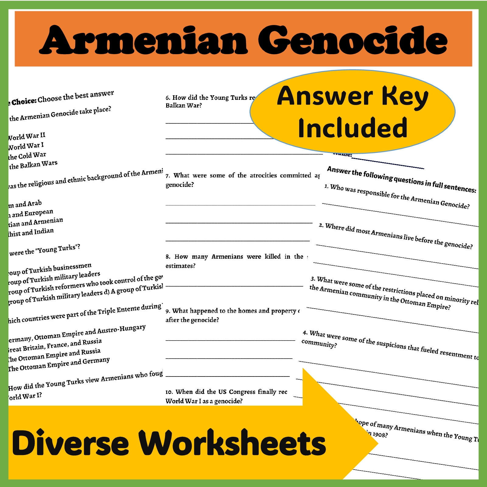 Armenian Genocide Reading Comprehension Passages And Questions Made By Teachers