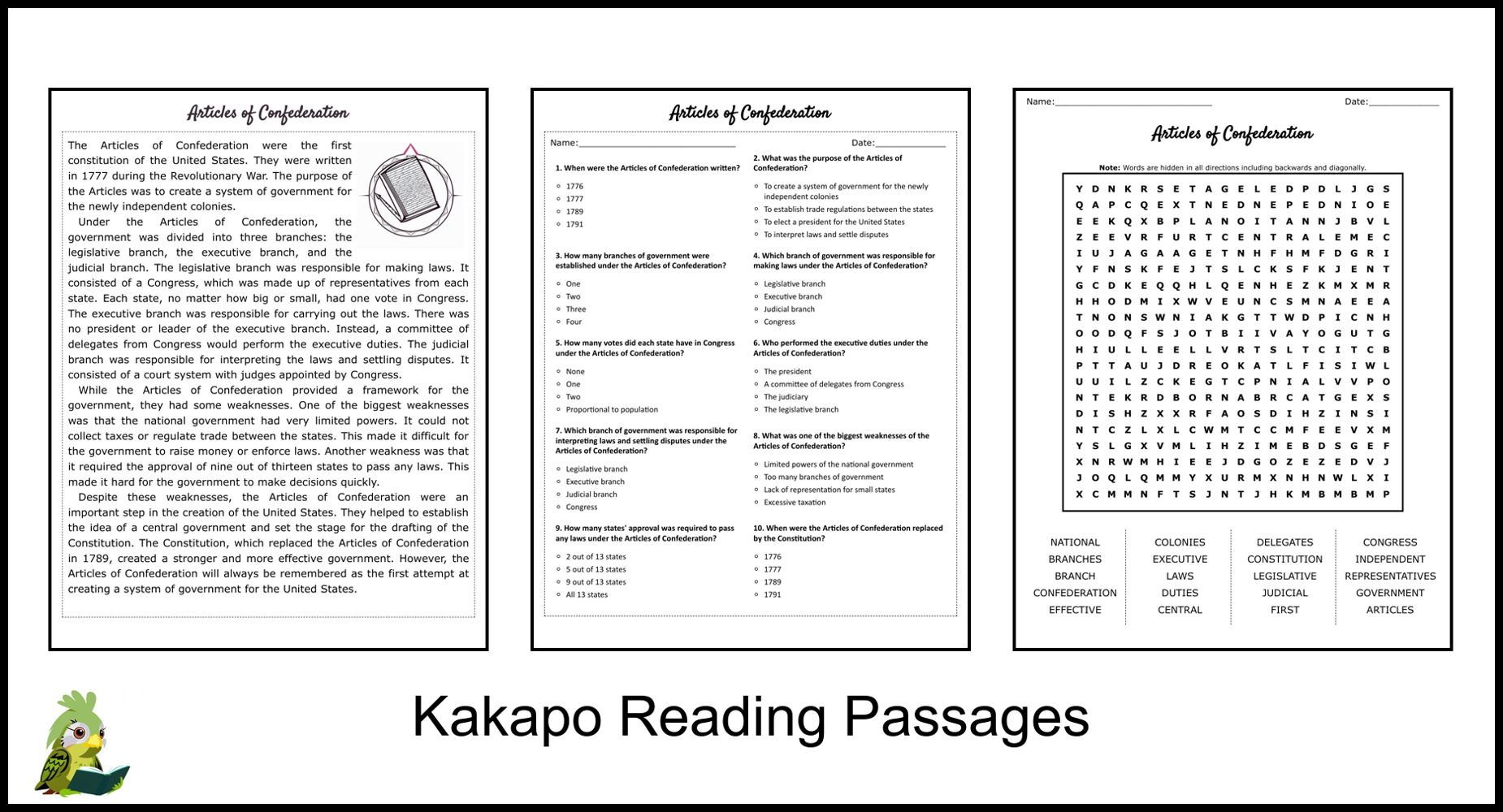 Articles Of Confederation Reading Comprehension Worksheets