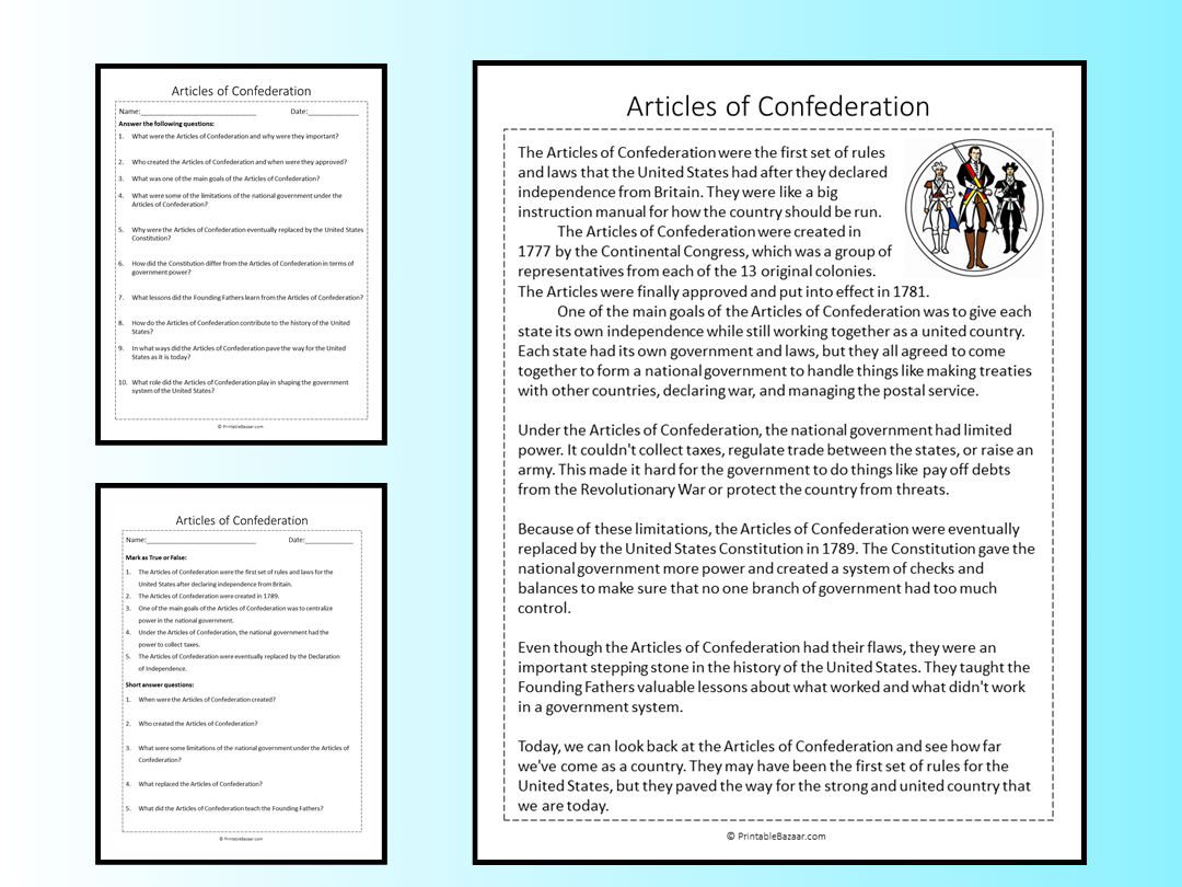 Articles Of Confederation Reading Comprehension Passage Printable Worksheet Teaching Resources