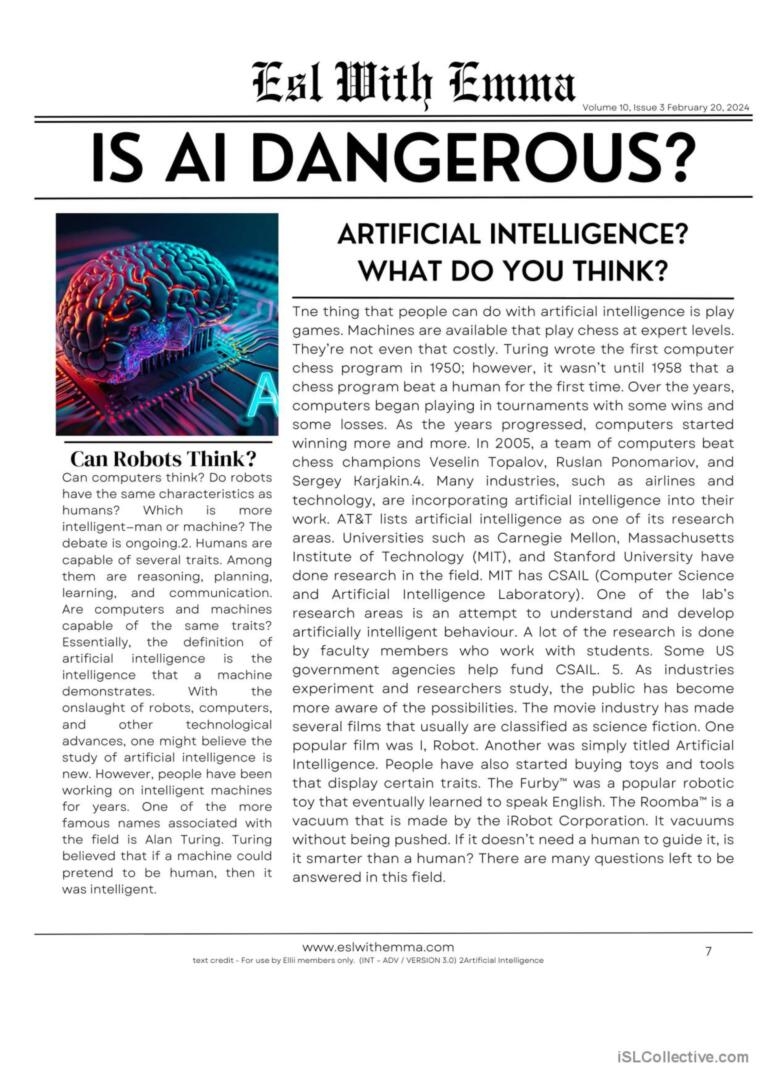 Artificial Intelligence AI Reading English ESL Worksheets Pdf Doc