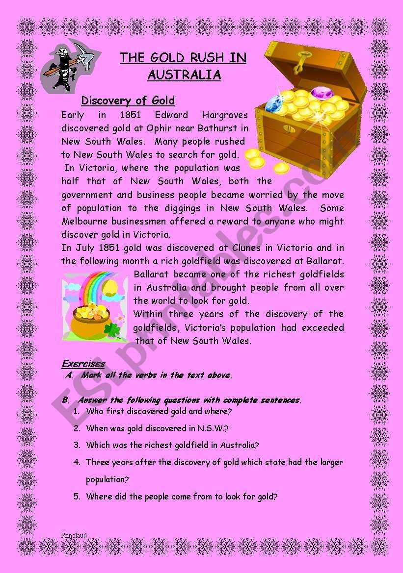 Australian Gold Rush 18 Pages Comprehensive Unit Of Work Intermediate Editable ESL Worksheet By Ranclaude