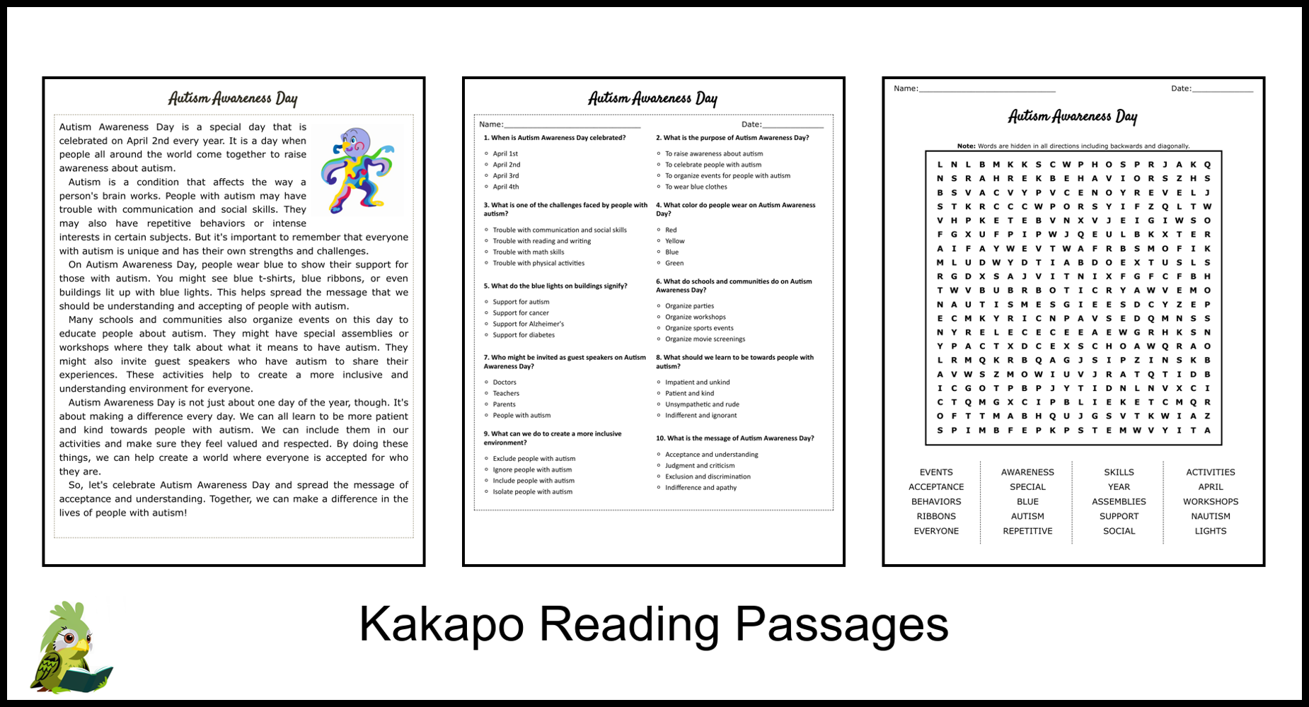 Autism Awareness Day Reading Comprehension And Word Search Teaching Resources