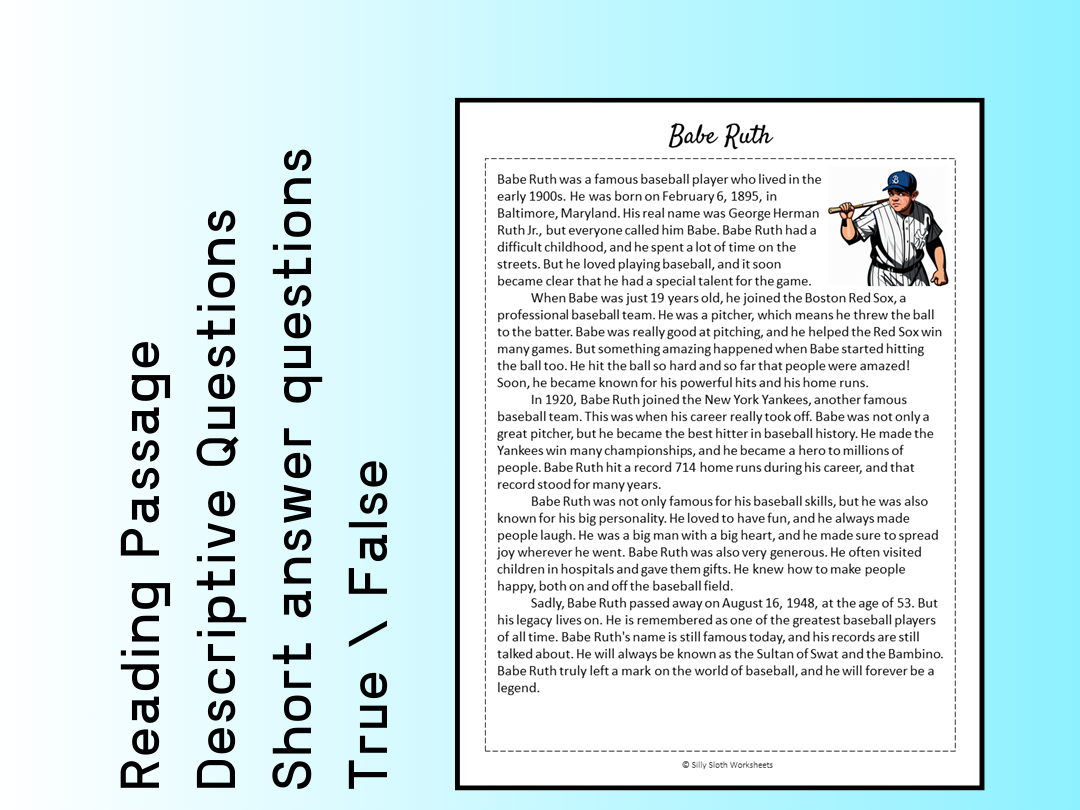 Babe Ruth Biography Reading Comprehension Passage Printable Worksheet PDF Teaching Resources