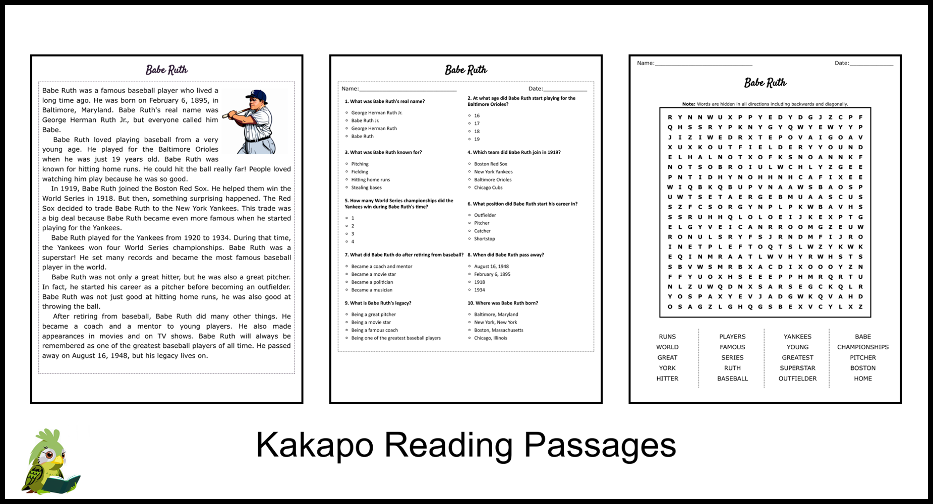 Babe Ruth Reading Comprehension Worksheet