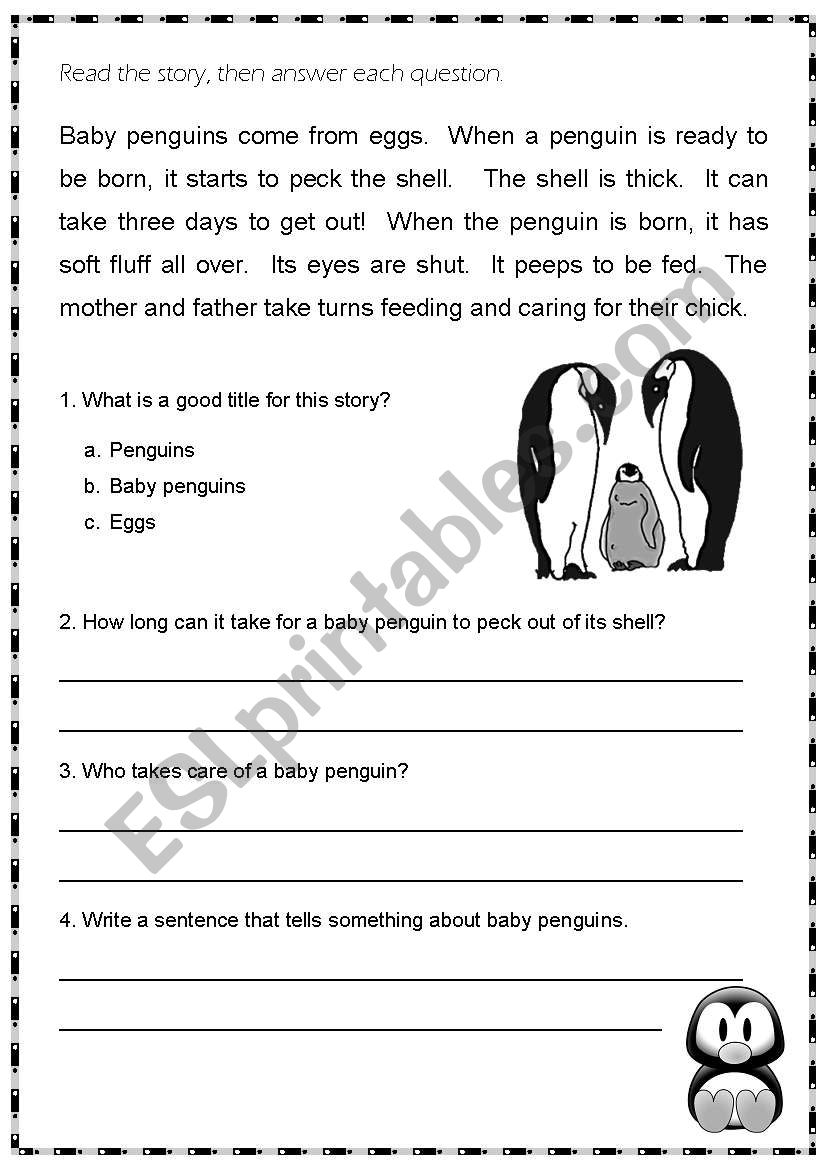 Baby Penguins Story Comprehension ESL Worksheet By Mbono