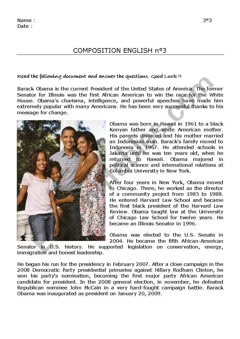 Barack Obama Reading Comprehension Worksheet Pdf