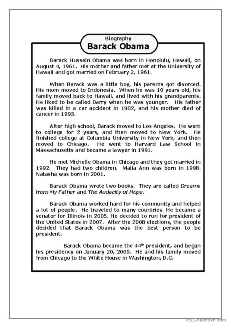 Barack Obama Reading For Detail dee English ESL Worksheets Pdf Doc